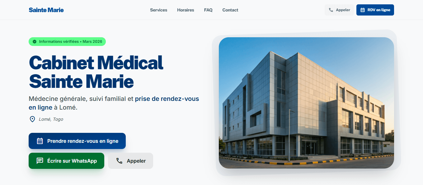 Exemple desktop d'une page d'information de clinique avec contact direct et prise de rendez-vous.