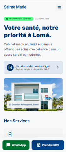 Exemple mobile d'une page d'information de cabinet avec services, horaires et prise de rendez-vous.